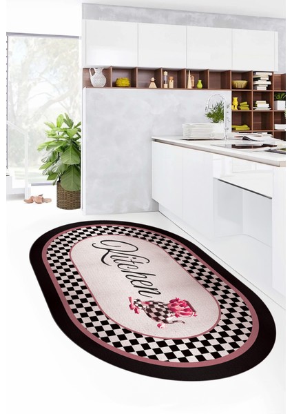 Dijital Baskılı Kaymaz Taban Yıkanabilir Kitchen Yazılı Oval Mutfak Halısı, O-Mutfak-48-Pembe,