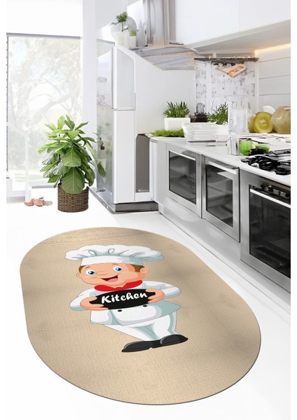 Kitchen Yazılı Aşçı Motifli Kaymaz Taban Yıkanabilir Oval Mutfak Halısı, O-Mutfak-05-Krem,