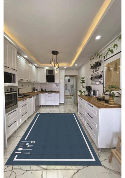 Dijital Baskılı Kaymaz Yıkanabilir Sade Çerçeveli Mutfak Halısı, Mutfak-06-Mavi,