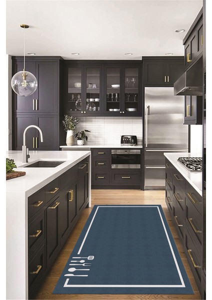 Dijital Baskılı Kaymaz Yıkanabilir Sade Çerçeveli Mutfak Halısı, Mutfak-06-Mavi, fiyatları