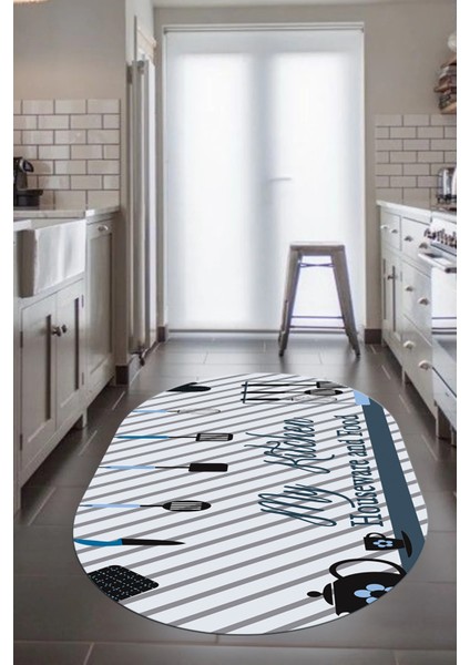 Mutfak Araçları Desenli Yıkanabilir Kaymaz Oval Mutfak Halısı, O-Mutfak-32-Mavi,