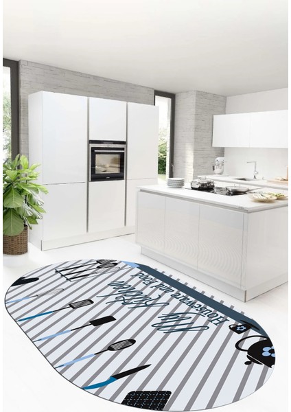 Mutfak Araçları Desenli Yıkanabilir Kaymaz Oval Mutfak Halısı, O-Mutfak-32-Mavi, fiyatları