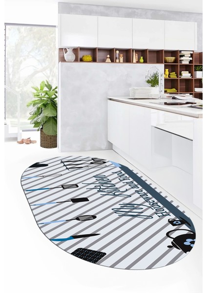 Mutfak Araçları Desenli Yıkanabilir Kaymaz Oval Mutfak Halısı, O-Mutfak-32-Mavi, modelleri