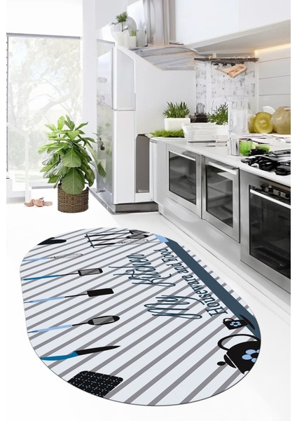 Mutfak Araçları Desenli Yıkanabilir Kaymaz Oval Mutfak Halısı, O-Mutfak-32-Mavi, fırsatları