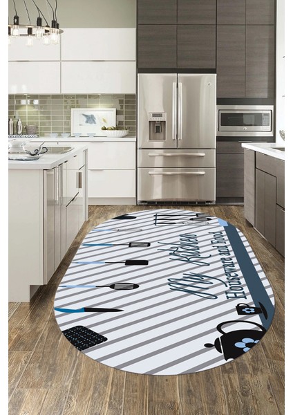 Mutfak Araçları Desenli Yıkanabilir Kaymaz Oval Mutfak Halısı, O-Mutfak-32-Mavi, indirimleri