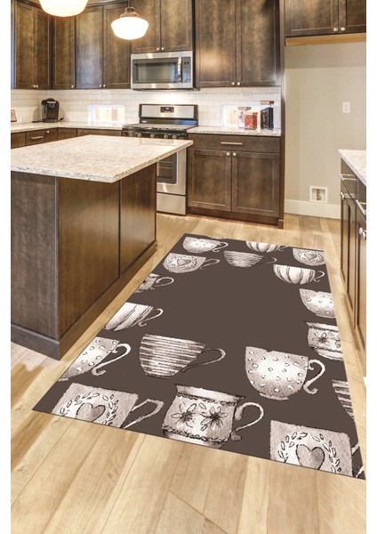 Dijital Baskılı Kaymaz Taban Renkli Fincanlar Mutfak Halısı, Mutfak-26-Vizon,