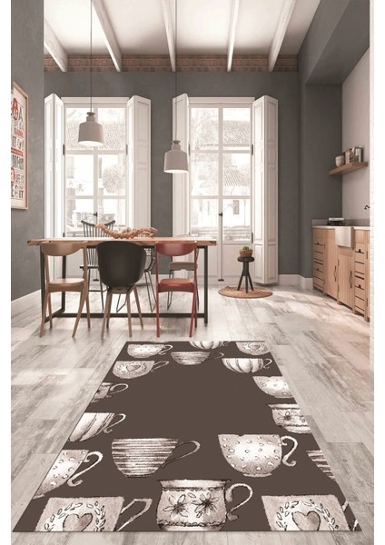 Dijital Baskılı Kaymaz Taban Renkli Fincanlar Mutfak Halısı, Mutfak-26-Vizon, modelleri