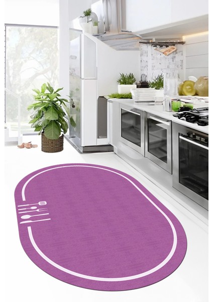 Dijital Baskılı Kaymaz Yıkanabilir Sade Çerçeveli Oval Mutfak Halısı, O-Mutfak-06-Mor,