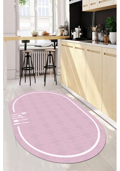 Dijital Baskılı Kaymaz Yıkanabilir Sade Çerçeveli Oval Mutfak Halısı, O-Mutfak-06-Pembe, indirimleri