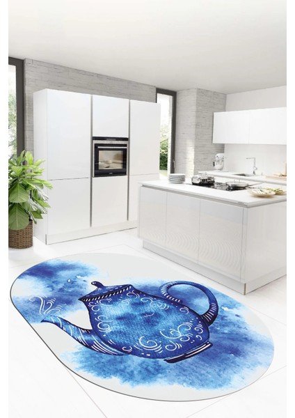 Dijital Baskılı Kaymaz Taban Çaydanlık Desenli Oval Mutfak Halısı, O-Mutfak-23-Mavi,