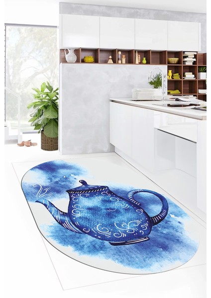Dijital Baskılı Kaymaz Taban Çaydanlık Desenli Oval Mutfak Halısı, O-Mutfak-23-Mavi,