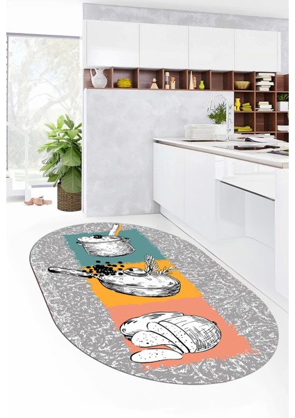 Tencere Ekmek Desenli Kaymaz Taban Yıkanabilir Oval Mutfak Halısı, O-Mutfak-45-Renkli,