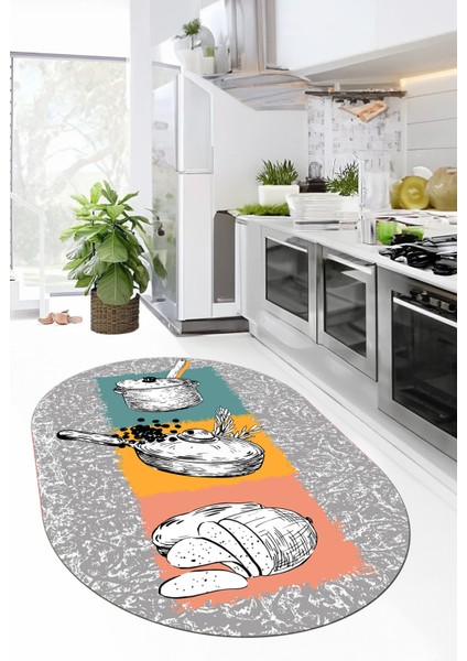 Tencere Ekmek Desenli Kaymaz Taban Yıkanabilir Oval Mutfak Halısı, O-Mutfak-45-Renkli, fiyatları