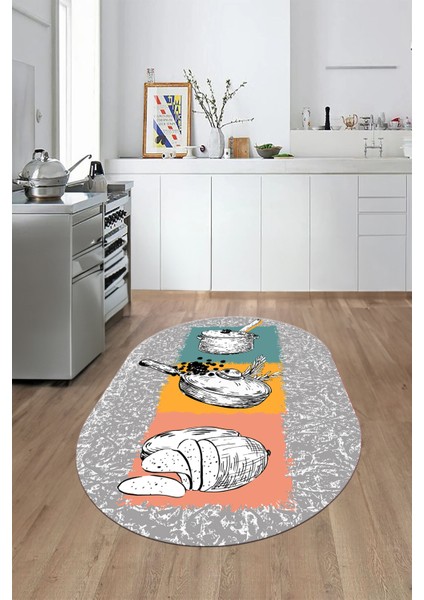Tencere Ekmek Desenli Kaymaz Taban Yıkanabilir Oval Mutfak Halısı, O-Mutfak-45-Renkli, fırsatları