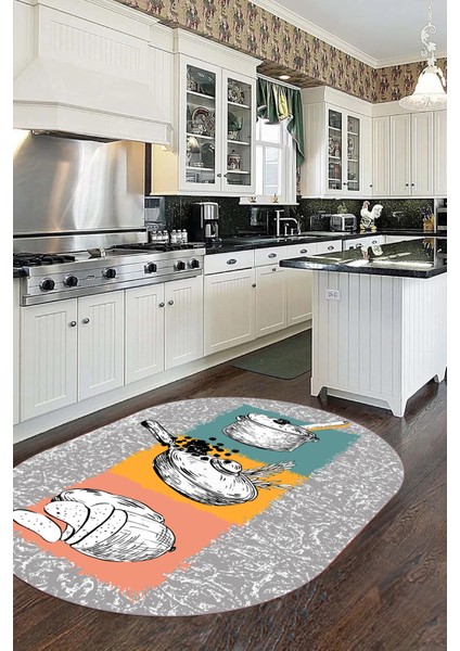 Tencere Ekmek Desenli Kaymaz Taban Yıkanabilir Oval Mutfak Halısı, O-Mutfak-45-Renkli, indirimleri