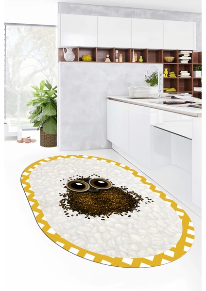 Baykuş Desenli Çerçeveli Kaymaz Yıkanabilir Şık Oval Mutfak Halısı, O-Mutfak-46-Turuncu,