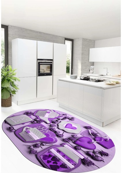 3D Kalp Fincan Motifli Kaymaz Yıkanabilir Modern Oval Mutfak Halısı, O-Mutfak-34-Mor, fiyatları