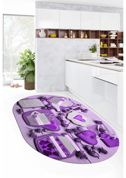 3D Kalp Fincan Motifli Kaymaz Yıkanabilir Modern Oval Mutfak Halısı, O-Mutfak-34-Mor, modelleri