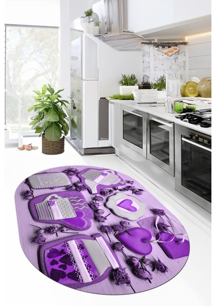 3D Kalp Fincan Motifli Kaymaz Yıkanabilir Modern Oval Mutfak Halısı, O-Mutfak-34-Mor, fırsatları