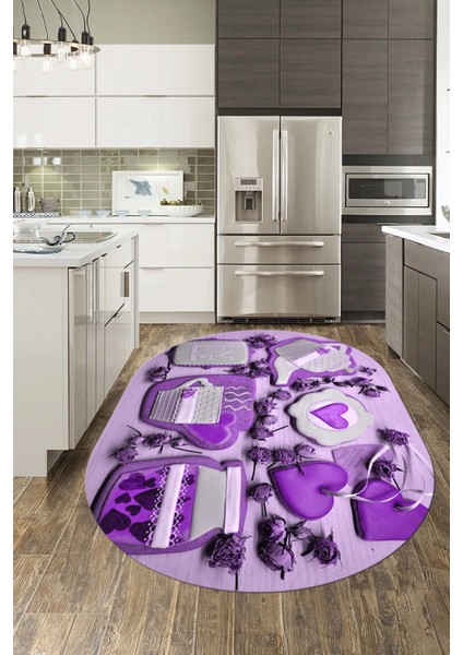 3D Kalp Fincan Motifli Kaymaz Yıkanabilir Modern Oval Mutfak Halısı, O-Mutfak-34-Mor, indirimleri