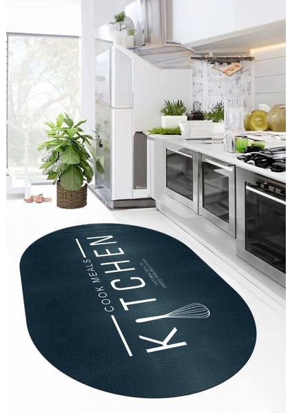 Dijital Baskılı Yıkanabilir Kaymaz Kitchen Yazılı Modern Oval Mutfak Halısı, O-Mutfak-04-Mavi,