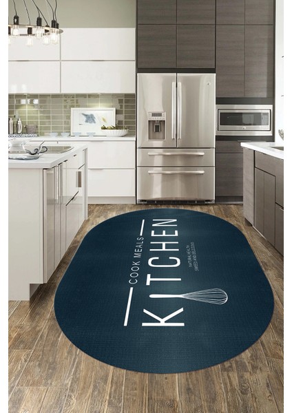 Dijital Baskılı Yıkanabilir Kaymaz Kitchen Yazılı Modern Oval Mutfak Halısı, O-Mutfak-04-Mavi, fiyatları