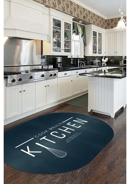 Dijital Baskılı Yıkanabilir Kaymaz Kitchen Yazılı Modern Oval Mutfak Halısı, O-Mutfak-04-Mavi, fırsatları