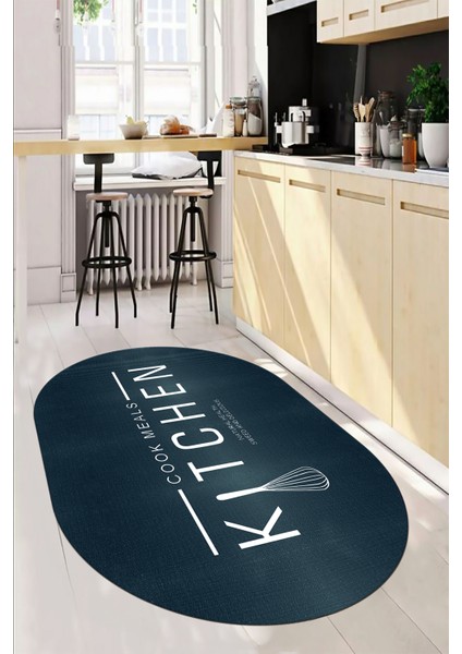 Dijital Baskılı Yıkanabilir Kaymaz Kitchen Yazılı Modern Oval Mutfak Halısı, O-Mutfak-04-Mavi, indirimleri