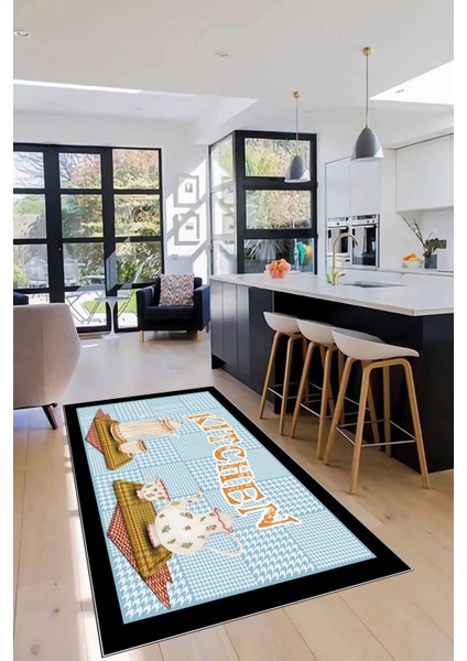 Dijital Baskılı Kaymaz Taban Kitchen Yazılı Modern Mutfak Halısı, Mutfak-18-Mavi,