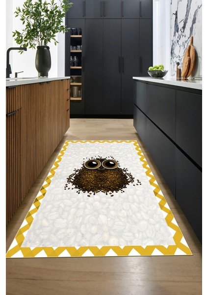 Baykuş Desenli Çerçeveli Kaymaz Yıkanabilir Şık Mutfak Halısı, Mutfak-46-Turuncu,