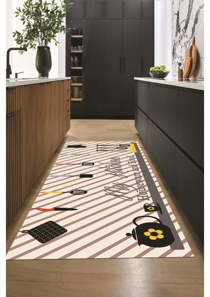 Mutfak Araçları Desenli Yıkanabilir Kaymaz Mutfak Halısı, Mutfak-32-Gri, fırsatları