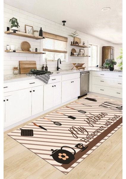 Mutfak Araçları Desenli Yıkanabilir Kaymaz Mutfak Halısı, Mutfak-32-Kahve,