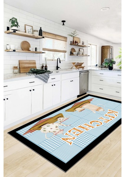 Dijital Baskılı Kaymaz Taban Kitchen Yazılı Modern Mutfak Halısı, Mutfak-18-Mavi, modelleri