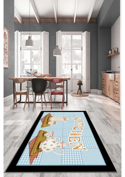 Dijital Baskılı Kaymaz Taban Kitchen Yazılı Modern Mutfak Halısı, Mutfak-18-Mavi, fırsatları
