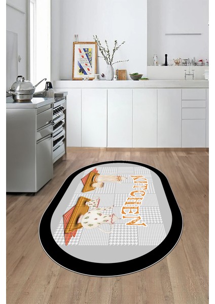 Dijital Baskılı Kaymaz Taban Kitchen Yazılı Modern Oval Mutfak Halısı, O-Mutfak-18-Gri,