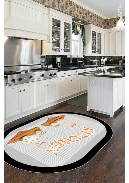 Dijital Baskılı Kaymaz Taban Kitchen Yazılı Modern Oval Mutfak Halısı, O-Mutfak-18-Gri,
