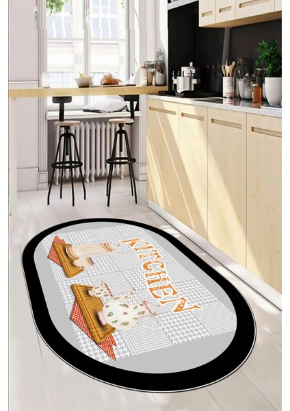Dijital Baskılı Kaymaz Taban Kitchen Yazılı Modern Oval Mutfak Halısı, O-Mutfak-18-Gri,