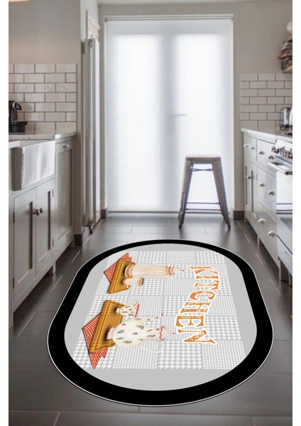 Dijital Baskılı Kaymaz Taban Kitchen Yazılı Modern Oval Mutfak Halısı, O-Mutfak-18-Gri,