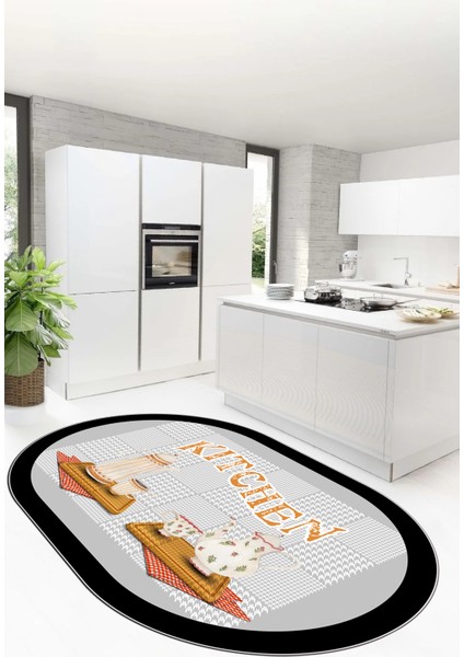 Dijital Baskılı Kaymaz Taban Kitchen Yazılı Modern Oval Mutfak Halısı, O-Mutfak-18-Gri,