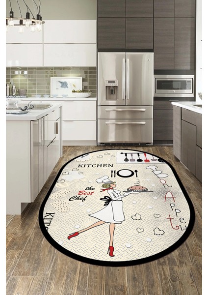 Dijital Baskılı Yıkanabilir Kaymaz Kitchen Yazılı Aşçı Oval Mutfak Halısı, O-Mutfak-03-Krem,