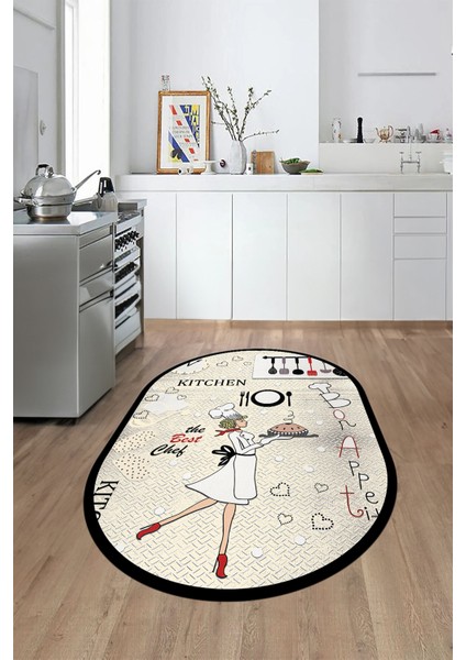 Dijital Baskılı Yıkanabilir Kaymaz Kitchen Yazılı Aşçı Oval Mutfak Halısı, O-Mutfak-03-Krem,