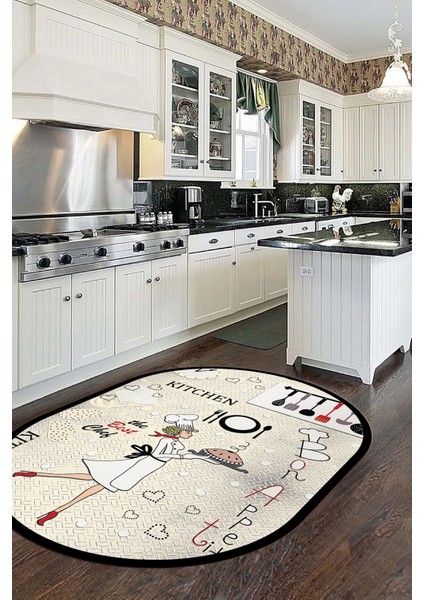 Dijital Baskılı Yıkanabilir Kaymaz Kitchen Yazılı Aşçı Oval Mutfak Halısı, O-Mutfak-03-Krem,