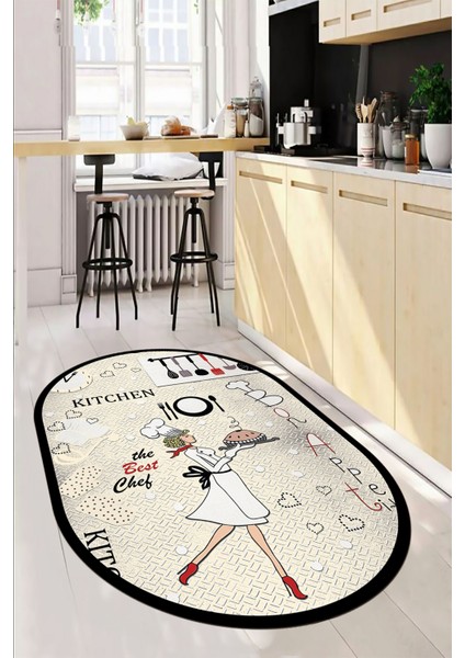 Dijital Baskılı Yıkanabilir Kaymaz Kitchen Yazılı Aşçı Oval Mutfak Halısı, O-Mutfak-03-Krem,