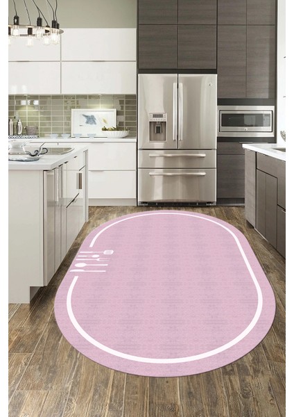 Dijital Baskılı Kaymaz Yıkanabilir Sade Çerçeveli Oval Mutfak Halısı, O-Mutfak-06-Pembe, fiyatları