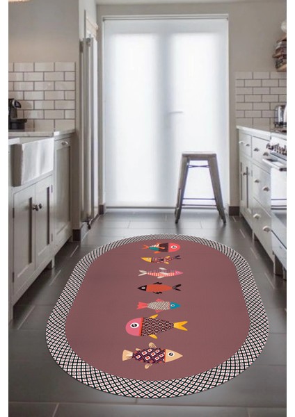 Dijital Baskılı Kaymaz Yıkanabilir Renkli Balık Desen Oval Mutfak Halısı, O-Mutfak-11-Pembe, indirimleri