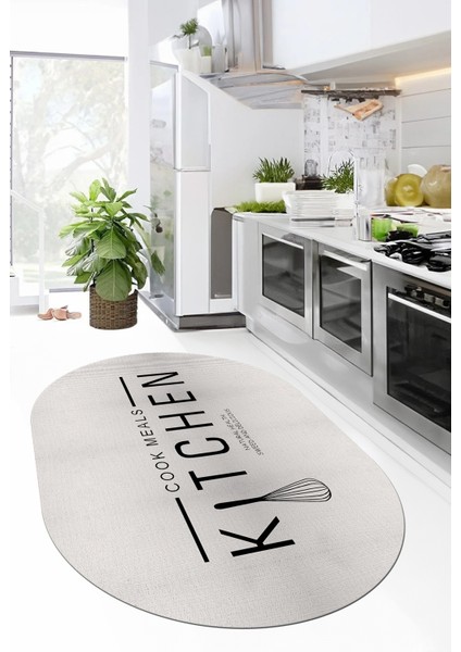 Dijital Baskılı Yıkanabilir Kaymaz Kitchen Yazılı Modern Oval Mutfak Halısı, O-Mutfak-04-Krem,