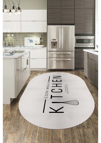 Dijital Baskılı Yıkanabilir Kaymaz Kitchen Yazılı Modern Oval Mutfak Halısı, O-Mutfak-04-Krem, fiyatları