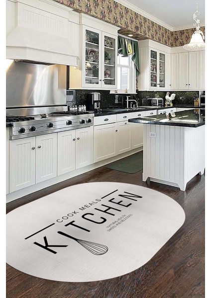 Dijital Baskılı Yıkanabilir Kaymaz Kitchen Yazılı Modern Oval Mutfak Halısı, O-Mutfak-04-Krem, fırsatları