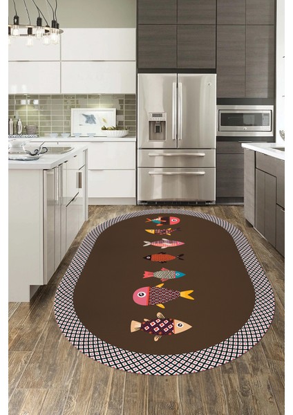 Dijital Baskılı Kaymaz Yıkanabilir Renkli Balık Desen Oval Mutfak Halısı, O-Mutfak-11-Kahve,