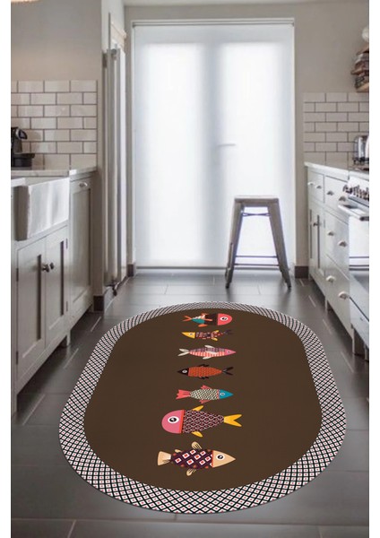 Dijital Baskılı Kaymaz Yıkanabilir Renkli Balık Desen Oval Mutfak Halısı, O-Mutfak-11-Kahve, indirimleri
